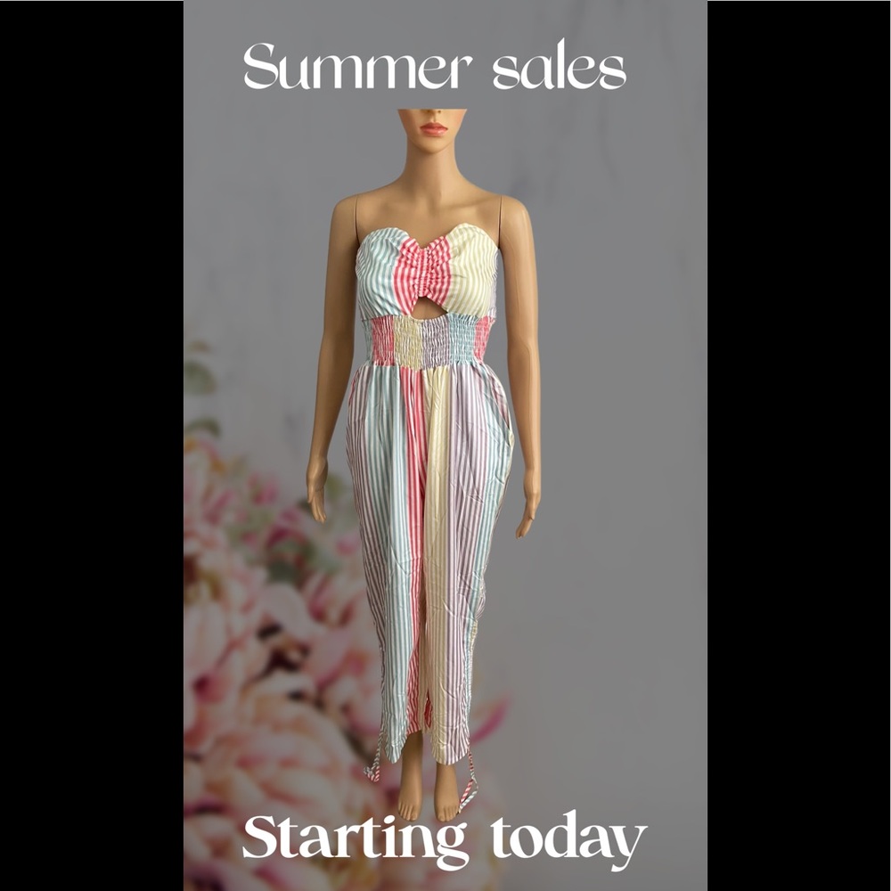 Colorful striped shirred cutout bandeaus jumpsuit